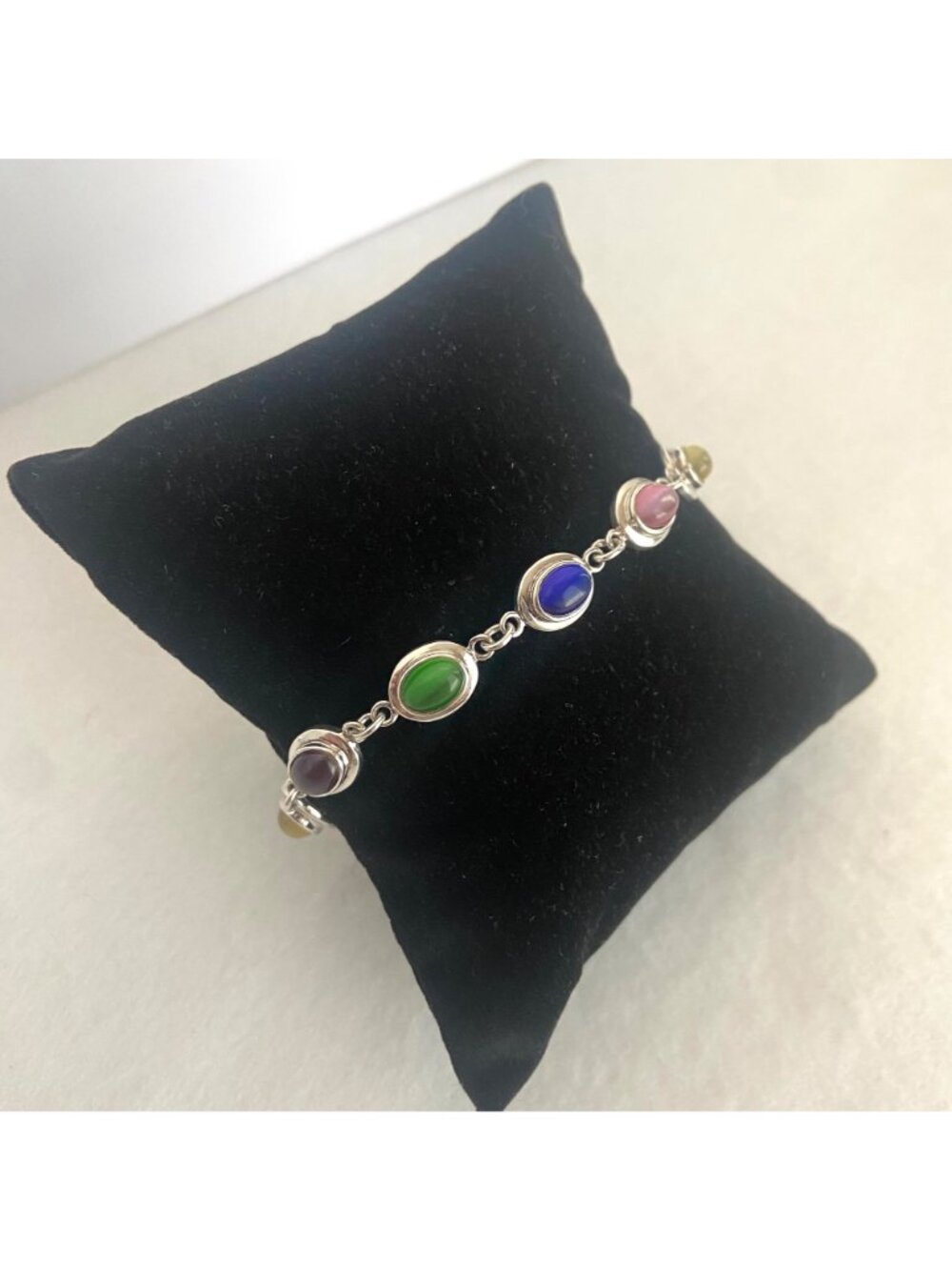 Sterling Silver 925 Multi Colored Oval Cats Eye Link Station Bracelet Sz 7.75" - Picture 14 of 16